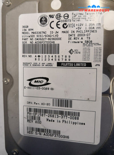 - 3X Dell Fujitsu 36Gb 15K Scsi Server Hard Drive P1587 Mas3367Nc