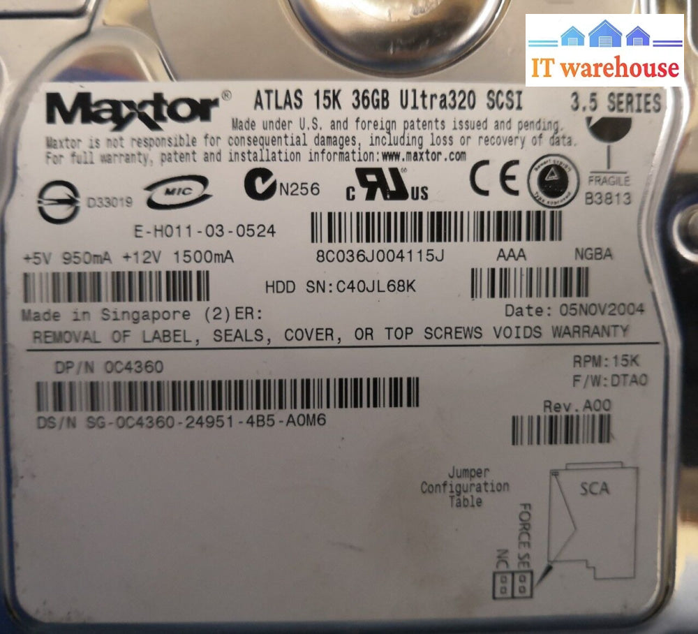 1X Maxtor Atlas 3.5’ 36Gb 80 Pin 15K Scsi U320 Hard Drive C4360 @