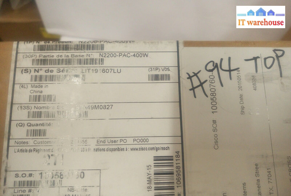 1X New Cisco N2200-Pac-400W-B Reverse Airflow Ac Power Supply @