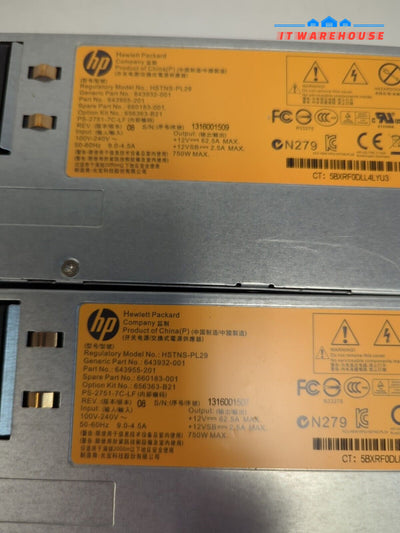 2x 656363-B21 HP 750W Platinum Power Supply 643932-001 660183-001