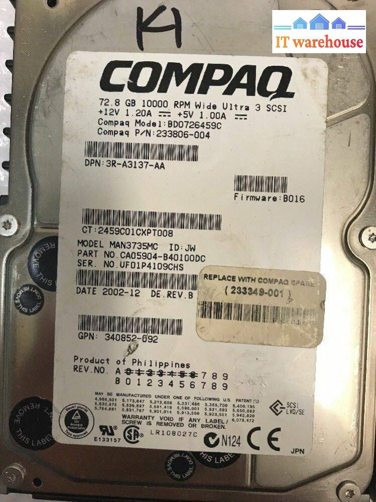 2x Compaq 3.5" 72.8 GB Wide Ultra 320 SCSI Hard Drive MAN3735MC 233806-004 @