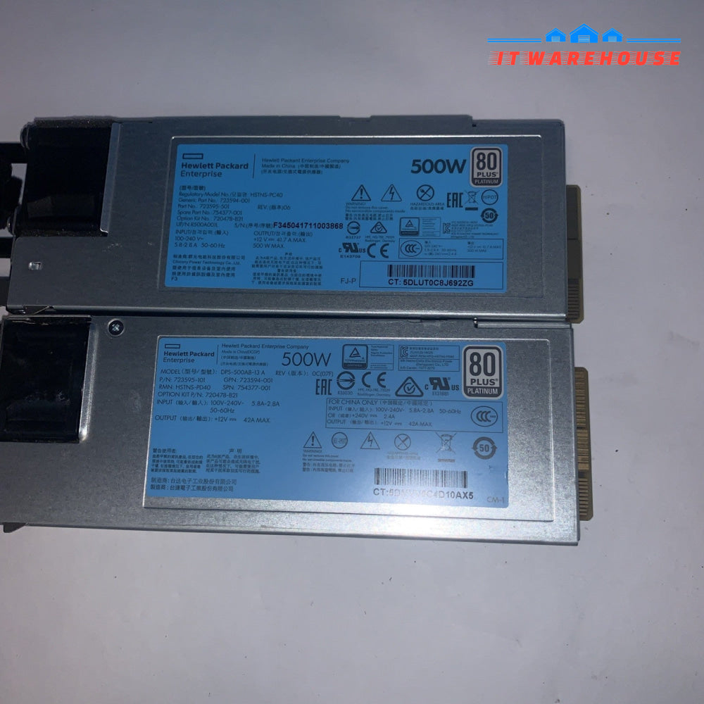 2x HP 754377-001 500W 80+ Platinum PSU For ProLiant DL360 DL380 ML350 Gen9 Gen10