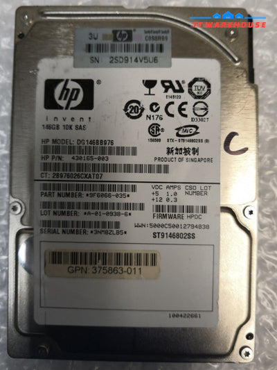 - 2X Hp Sas 146Gb Dg146Bb976 10K 2.5’ Hard Drive 430165-003 9F6066-035