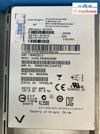 2X Ibm 00Y2518 200Gb Sas Ssd Fru 00Y2413 Pn 00Y5712 W/ Caddy Hvsml4020Ass600 ~