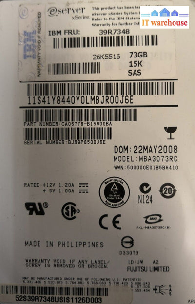 - 2X Ibm 3.5’ 73Gb 15K Sas Hard Drive W/Tray 39R7348 @@@