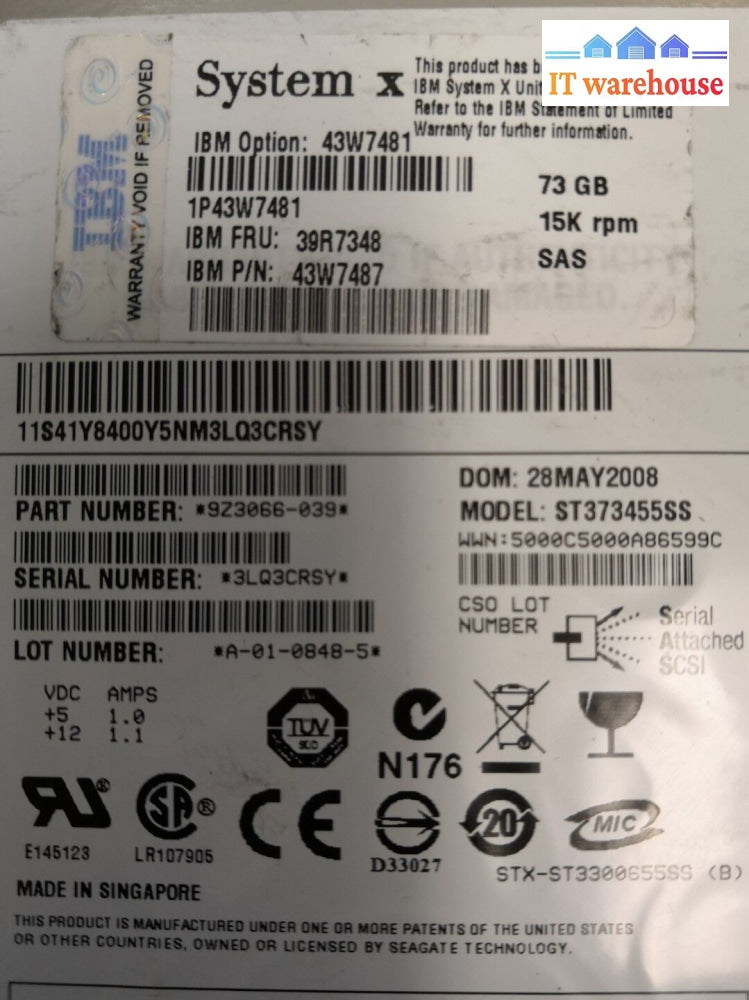 - 2X Ibm 3.5’ 73Gb 15K Sas Hard Drive W/Tray 39R7348 @@@