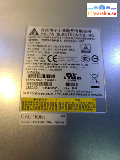 - 2X Netapp Delta X519A-R6 Ds2246 Array 750W Power Supply 114-00065 Tdps-750Ab
