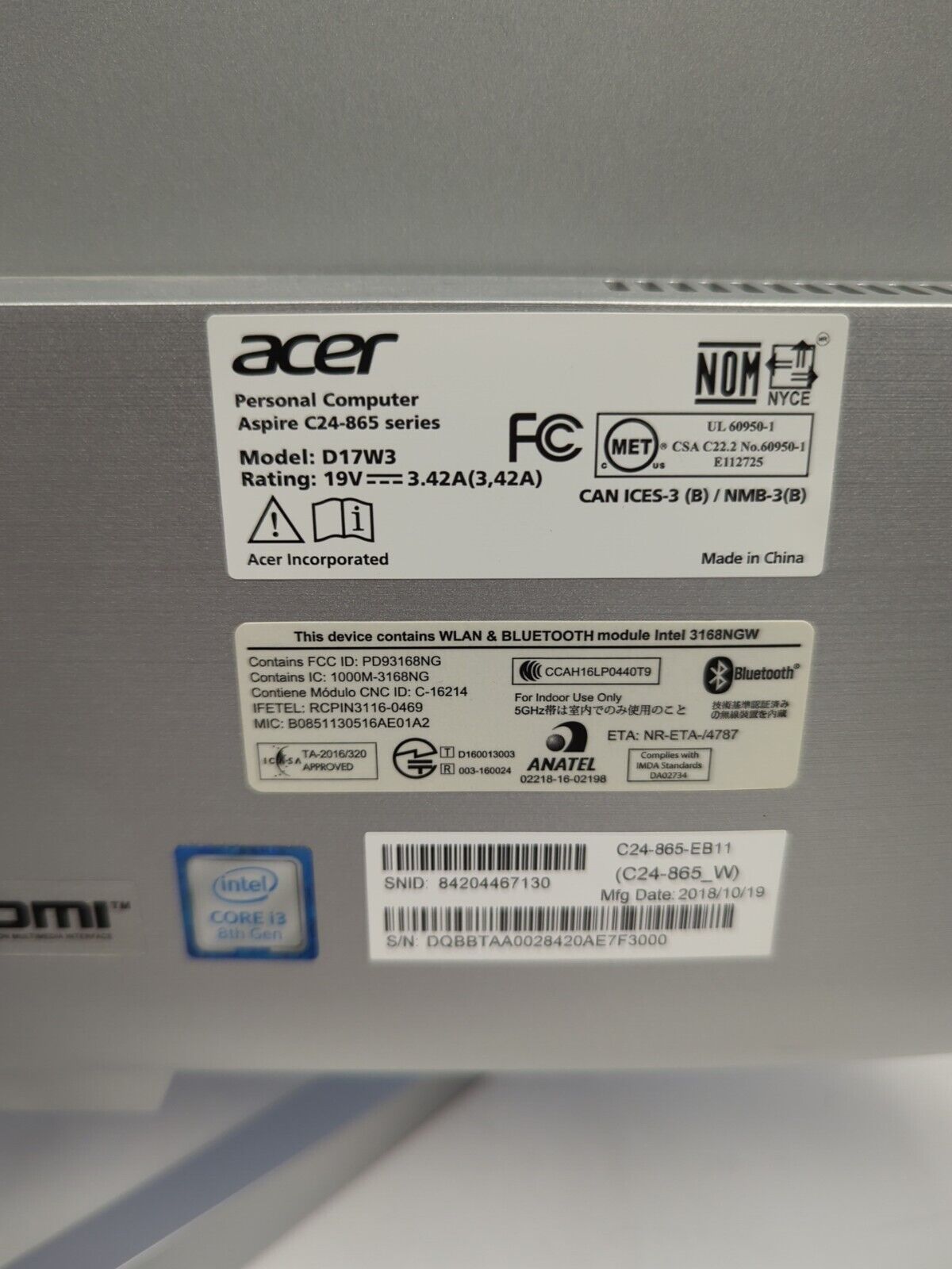 NICE Acer Aspire C24-865 D17W3 24" All In One i3-8130U CPU/ 8GB/ 1TB HDD/WIN 11-