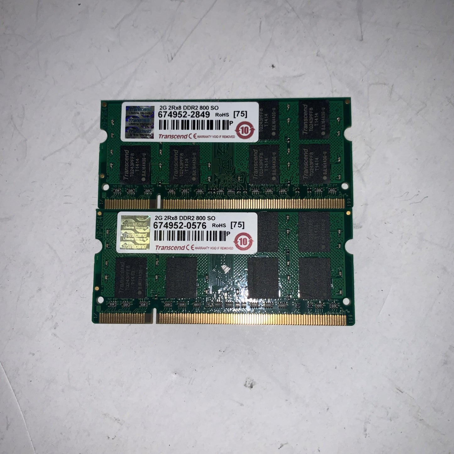 Lot of 2 Transcend 2GB 2RX8 DDR2 800 PC6400 800MHZ laptop memory