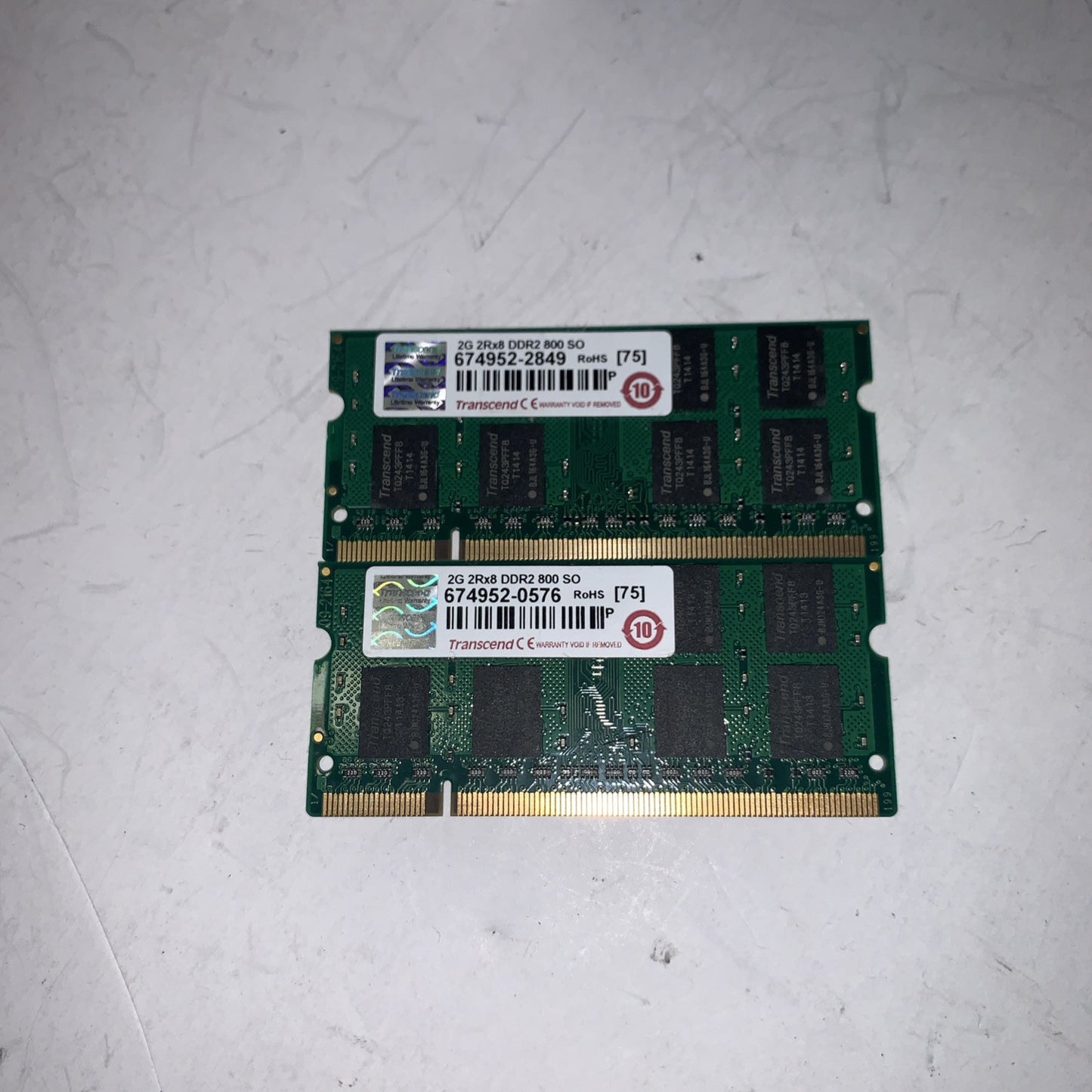 Lot of 2 Transcend 2GB 2RX8 DDR2 800 PC6400 800MHZ laptop memory