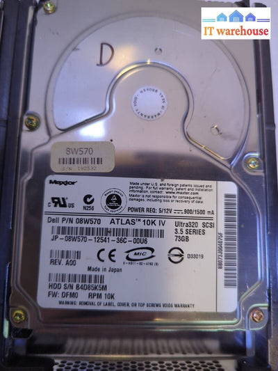 - 3X Dell Maxtor Hard Drive 73Gb 10K 80Pin Scsi Hdd 08W570 8W570 W/Tray Cd399
