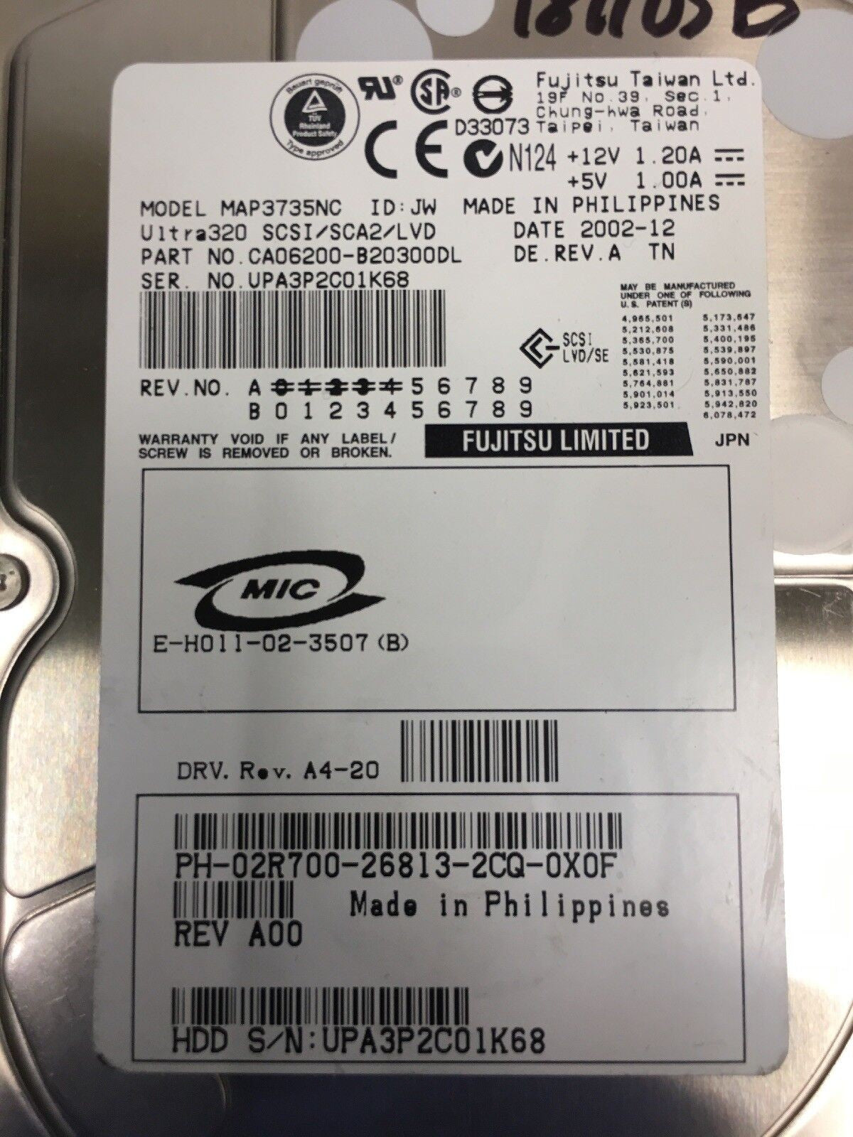 - FUJITSU LIMITED MAP3735NC 73GB 10K U320 SCSI WITH CADDY J4446 2R700