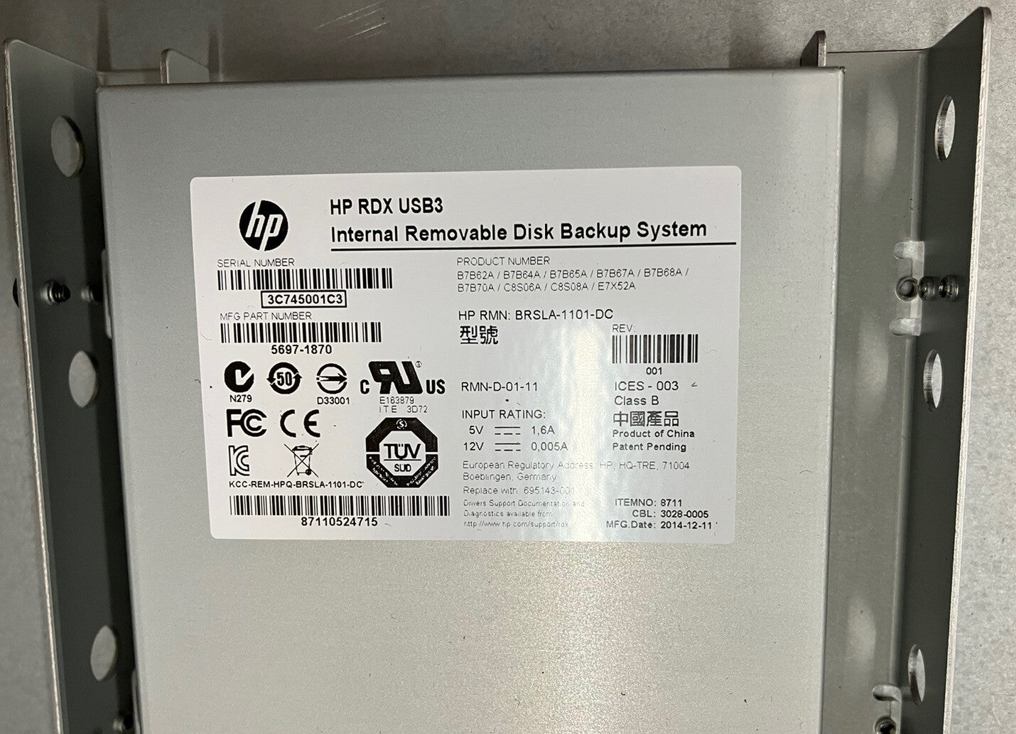 ~ HP BRSLA-1101-DC RDX B7B62A USB3 Internal Removable Disk Backup System
