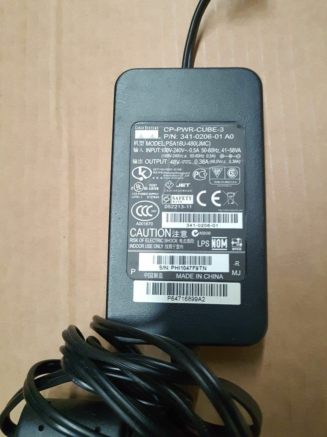- CISCO PSA18U-480 EADP-18CB POWER SUPPLY For 7965 79xx, 48V 0.38A AC adapter