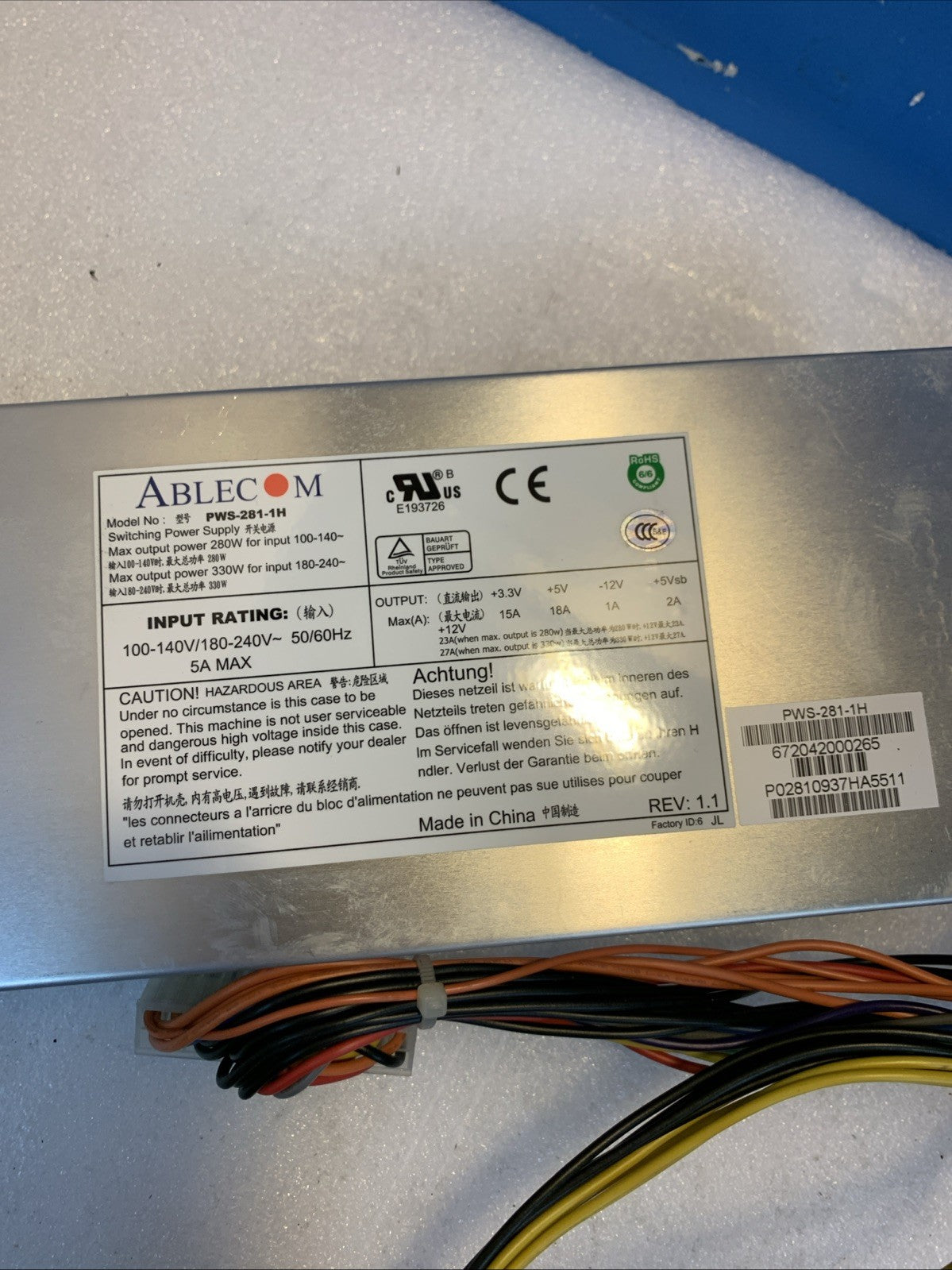 SuperMicro Ablecom PWS-281-1H 100-240V 50-60Hz 5A 280W Server Power Supply