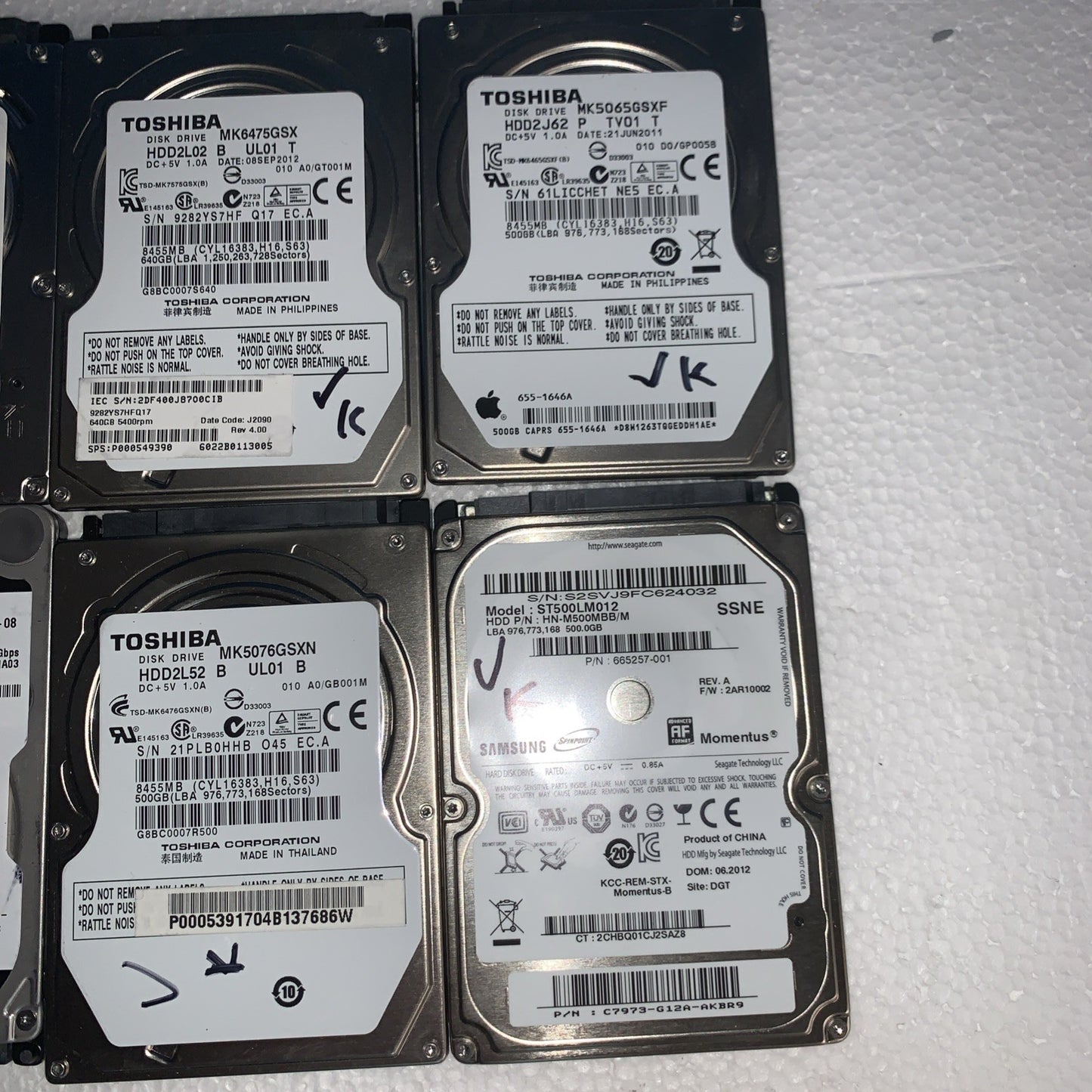 (10x) Mixed 500GB HDD 2.5" Laptop Hard Drive (1000+ days lifespan remaining)