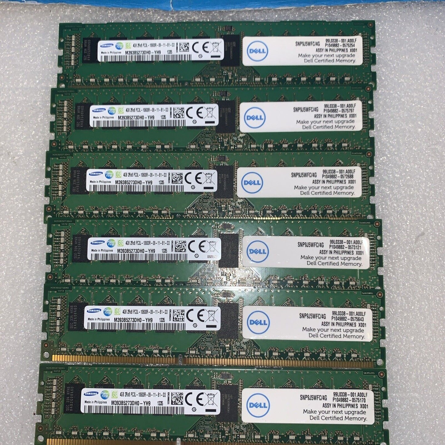 Lot of 6 Samsung/DELL 4GB 2Rx8 PC3L-10600R Server RAM M393B5273DH0-YH9