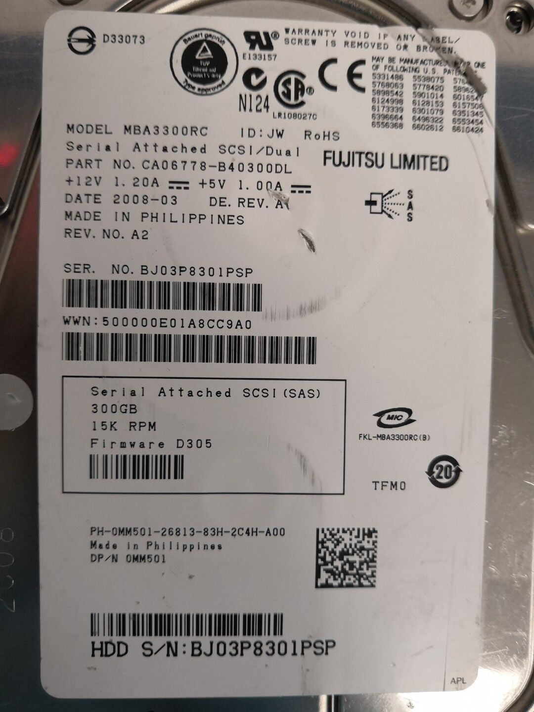 + DELL/FUJITSU 15K MBA3300RC 300GB SAS HARD DRIVE P/N:0MM501 F/W:D305 @@@