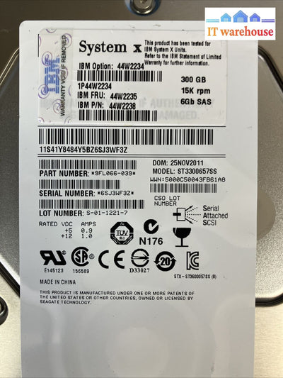 6X Ibm 44W2234 300Gb 15K Sas Hdd St3300657Ss Fru 44W2235 P/N 44W2238 W/ Caddy ~