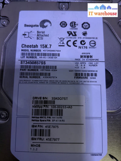 6X (Netapp) Seagate Cheetah Sas 15K.7 450Gb 3.5’ Server Hdd