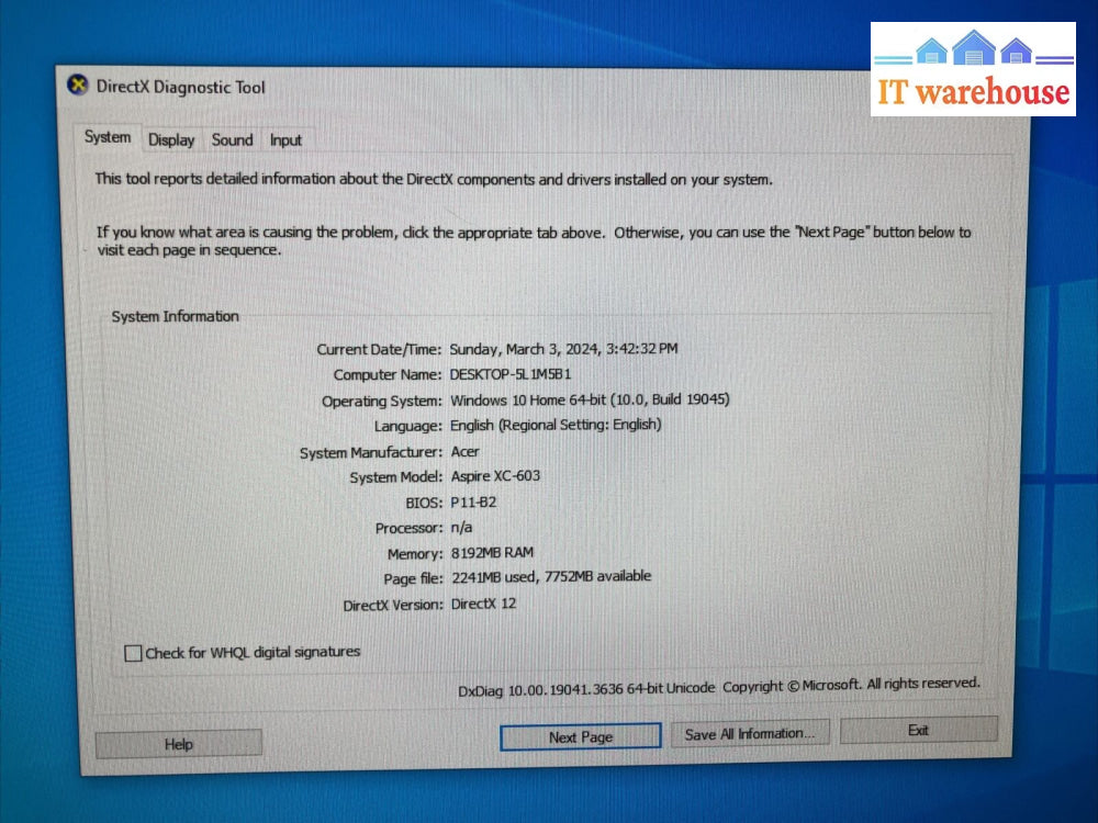 Acer Aspire X Axc-603-Er12 Sff Pc Intel J1900 Cpu / 8Gb Ram 1Tb Hdd Win 10 ~