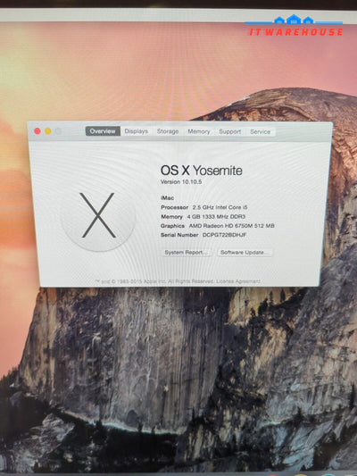 APPLE A1311 iMAC 21.5’’ Year 2011 i5-2400S 2.5GHZ/4GB/500GB HDD /OS 10.10