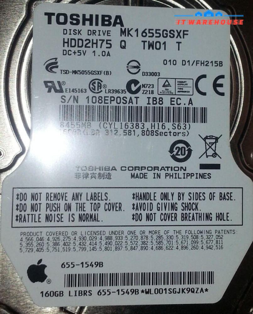 Apple / Toshiba PCB Board - MK1655GSXF HDD2H75 160GB 2.5" SATA hard drive