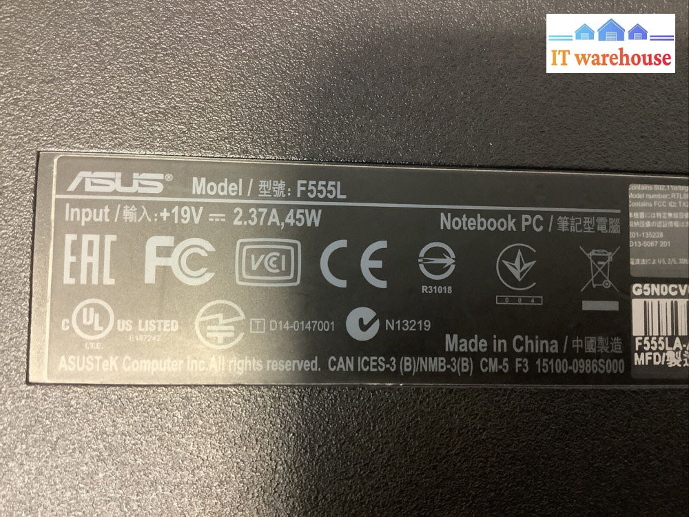 ASUS F555L 15.6 Laptop i3-5010u 2.1GHz 4GB RAM 500GB HDD WIN 10