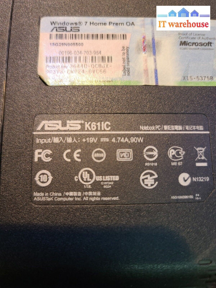 - ASUS K61IC 15.6" LAPTOP W/c2D P8700 CPU/4GB RAM/128GB SSD/WIN10 (BAT DEAD)