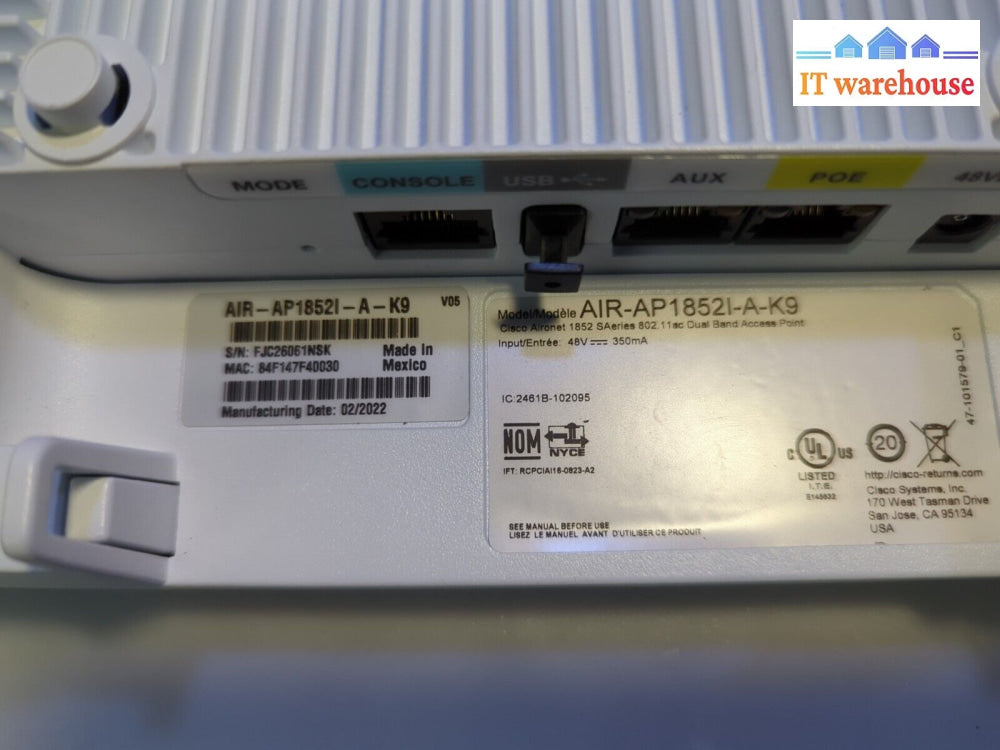 Cisco Air-Ap1852I-A-K9 Aironet 1852I Wireless Access Point W/Back Plate -