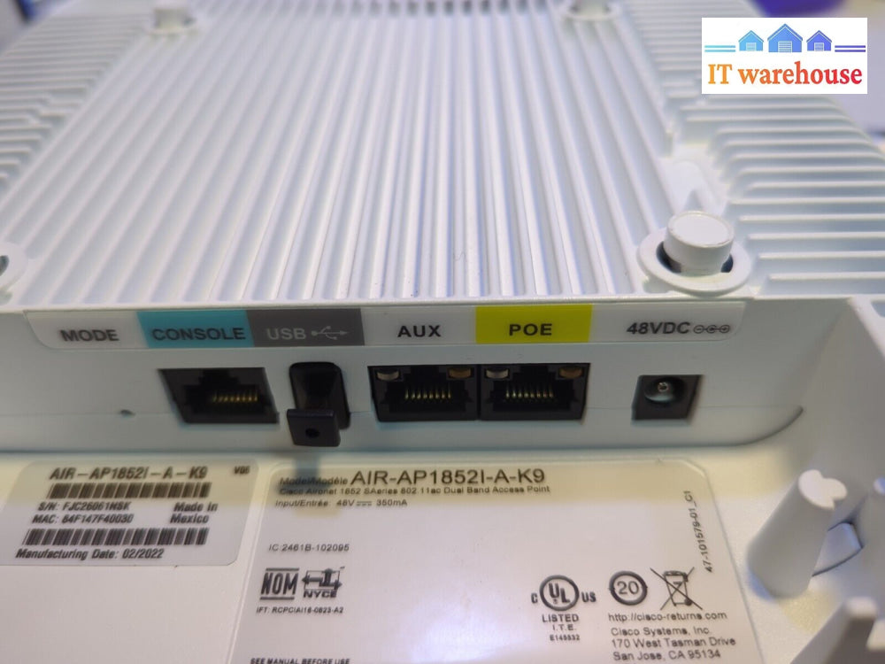 Cisco Air-Ap1852I-A-K9 Aironet 1852I Wireless Access Point W/Back Plate -