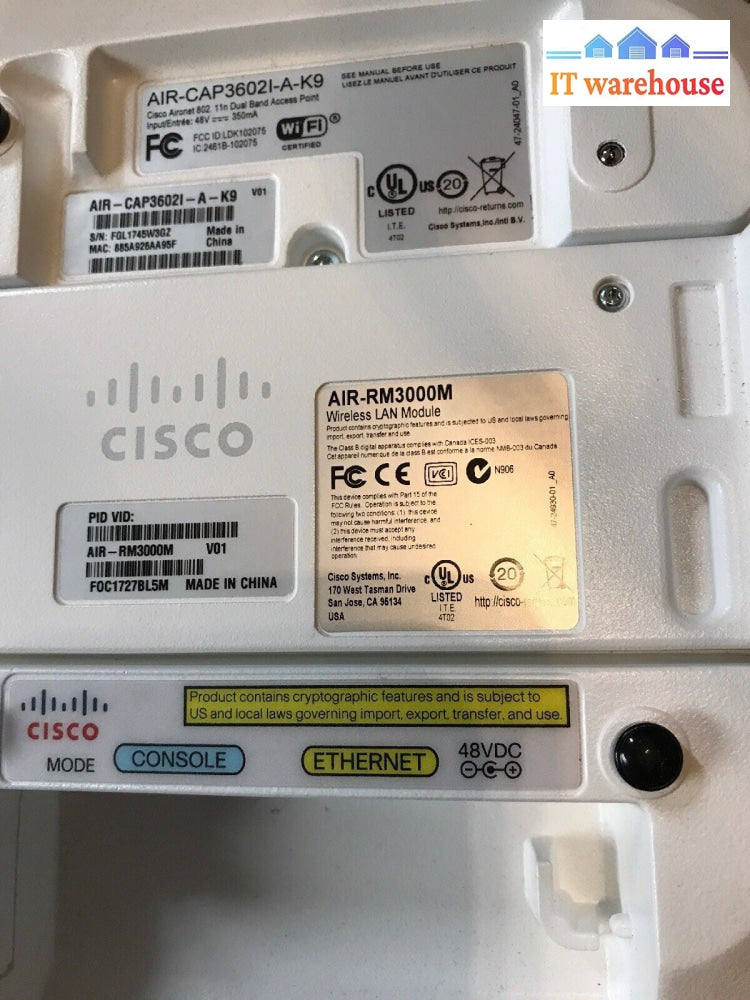 Cisco AIR-CAP3602i-A-K9 Aironet 3600 Wireless Access Point + Air RM3000M + mount