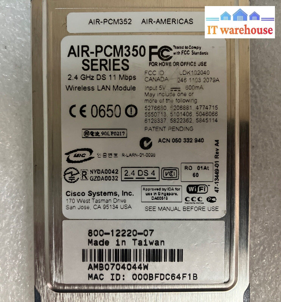 Cisco Aironet 350 Series Wireless Lan Network Adapter (Air-Pcm352) ~