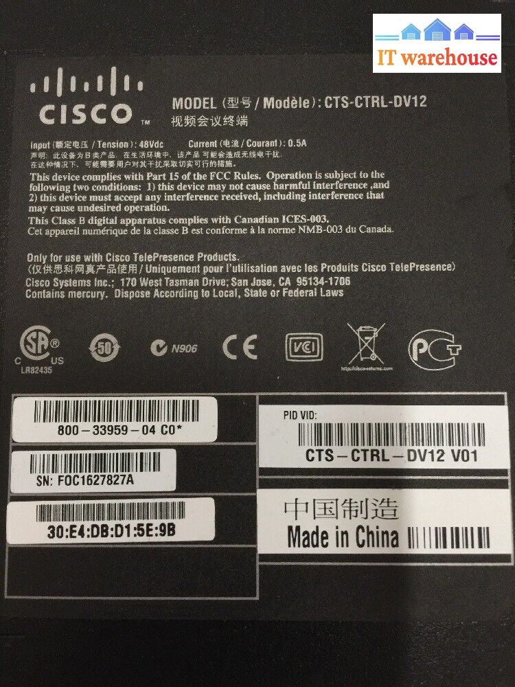 - Cisco Cts-Ctrl-Dv12 Telepresence 12-Inch Touch Screen Device (Grade A)