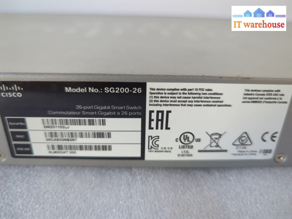 Cisco SG200-26 26-Port Gigabit Ethernet Switch With Ear Mount - Tested