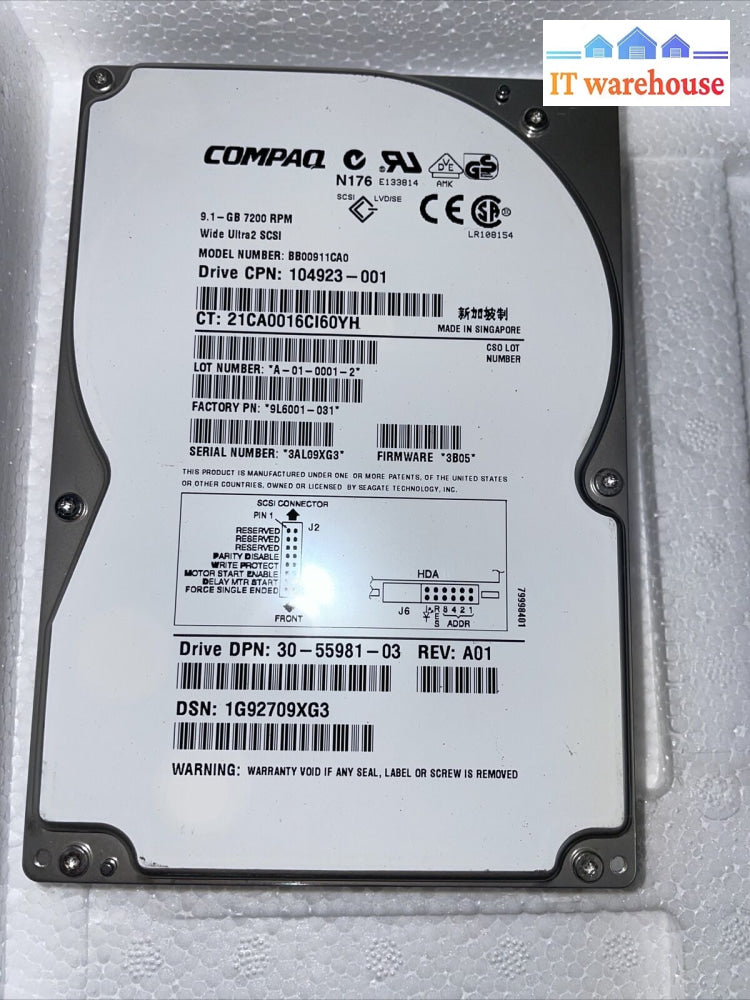 Compaq Bb00911Ca0 Hard Drive Ultra2 Scsi 9.1Gb 7200Rpm 104923-001 / 30-55981-03