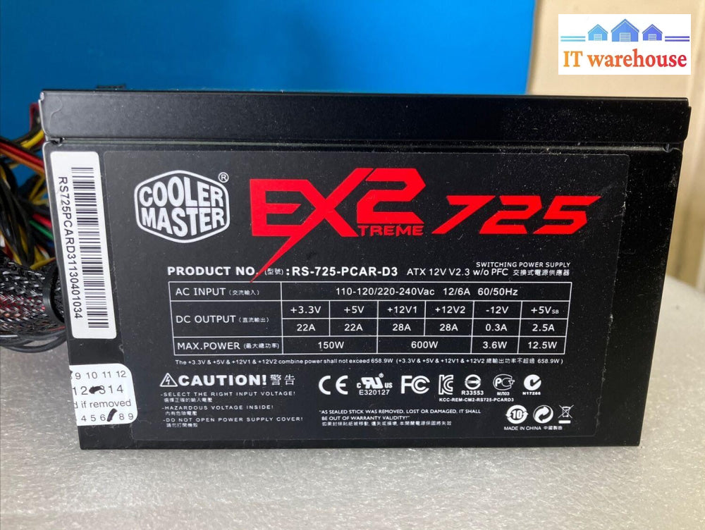 Cooler Master Extreme 725W 6 + 2 Pin Pci 4 + 4 Cpu Power Supply Rs-725-Pcar-D3 ~