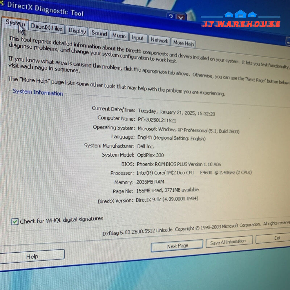 Dell Optiplex 330 C2D E4600 2GB 500GB Windows XP SP3
