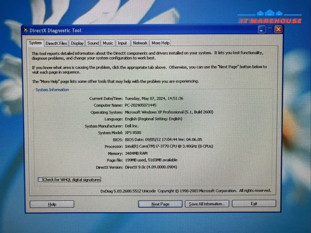 Dell XPS 8500 Desktop Intel i7-3770 CPU / 4GB RAM / 250GB HDD / Windows XP