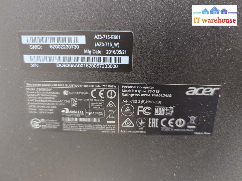 (GRADE A) Acer Aspire Z3-715 24’’ AIO PC i3-6100T CPU/8GB DDR4/240GB SSD/WIN10