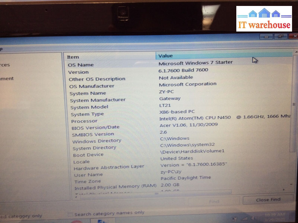 (Grade A)Gateway Nav50 10’Laptop Atom N450 1.66Ghz 2Gb Ram 160Gb Hdd Win 7S
