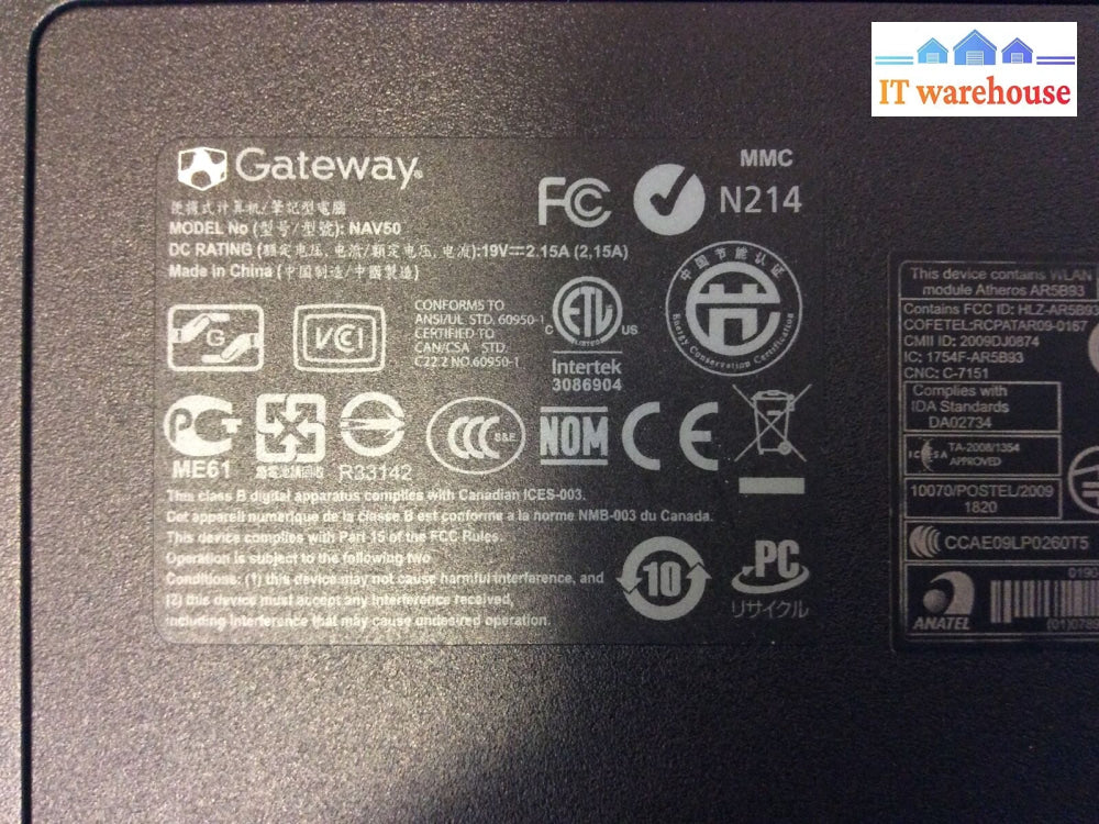 (Grade A)Gateway Nav50 10’Laptop Atom N450 1.66Ghz 2Gb Ram 160Gb Hdd Win 7S