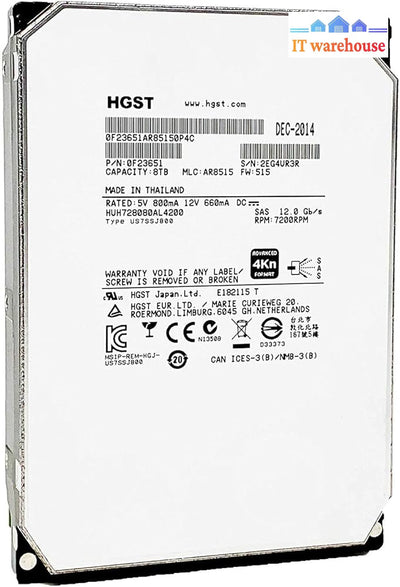 Hgst Huh728080Al4200 3.5’’ 8Tb Sas Hard Drive (1000 + Days Lifetime Remaining)