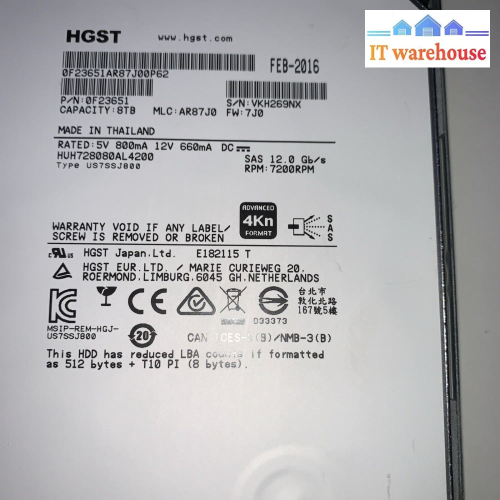HGST HUH728080AL4200 3.5’’ 8TB SAS Hard drive (1000 + days remaining,not for PC)