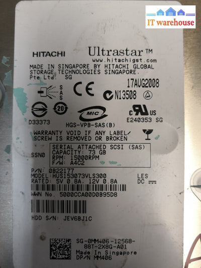 - Hitachi 73Gb 15K 3G Sas 3.5 Hdd Mm406 / Hus153073Vls300