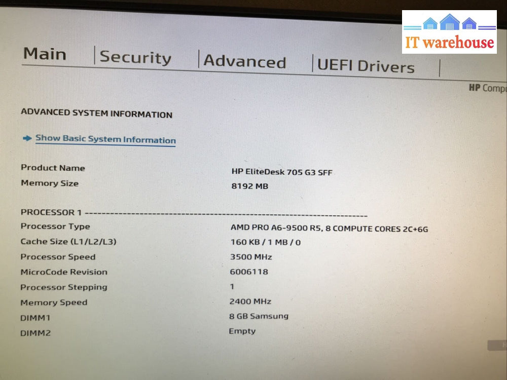 Hp Elitedesk 705 G3 Sff Desktop A6-9500 R5 3.5Ghz 8Gb 250Gb Ssd + 1Tb Hdd Win10Pro