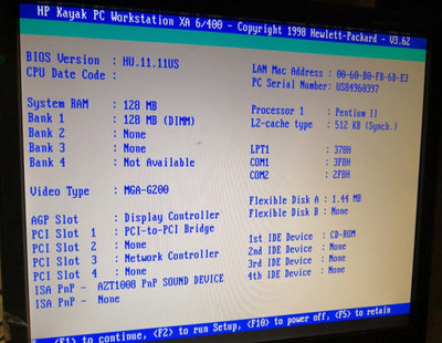Hp Kayak Xa 6/400 Mt D6725T Pentium Ii 128Mb Ram Pc Workstation