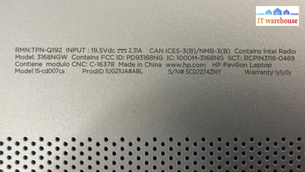 Hp Pavilion 3168Ngw 15.6’ Laptop 15-Cd007Ca (Bad Screen For Parts Read) ~
