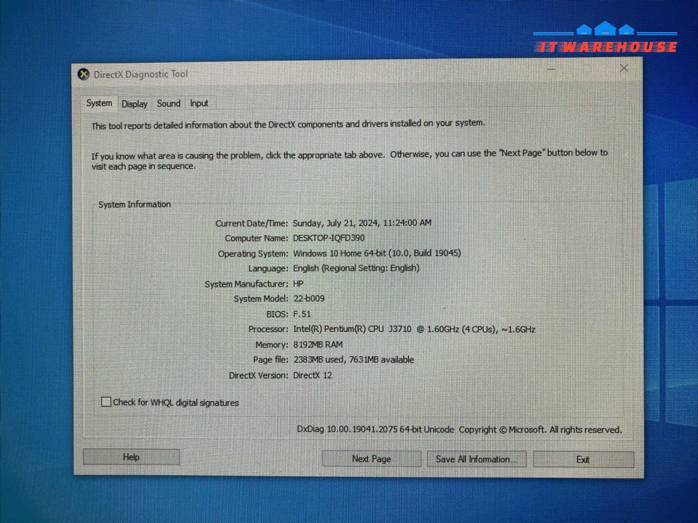 Hp Tpc-Q030 22-B009 21.5’’ Desktop Pentium J3710 Cpu / 8Gb Ram 1Tb Hdd Win10~
