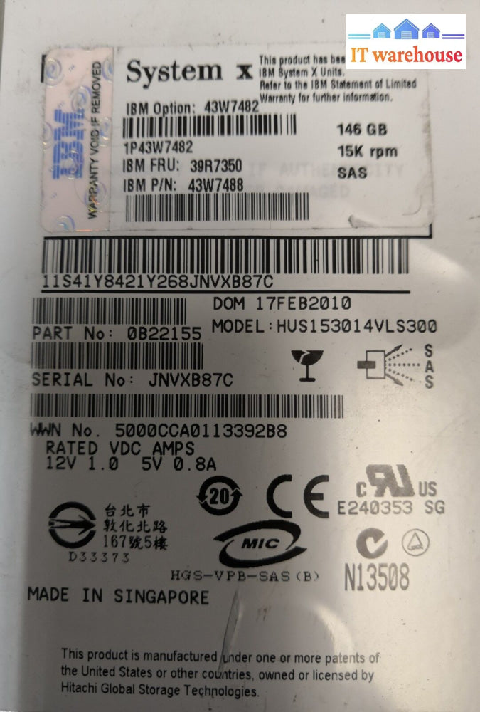 - Ibm 146.8Gb 15K Sas Hdd Hus153014Vls300 43W7482 43W7488 39R7350 @@@